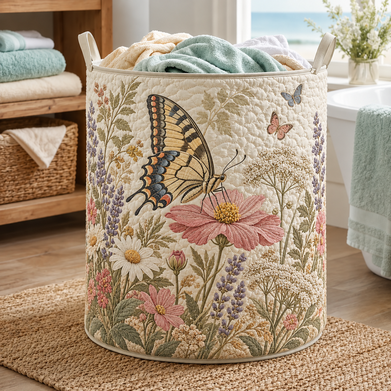 Vintage Swallowtail Wildflower Quilted Laundry Basket
