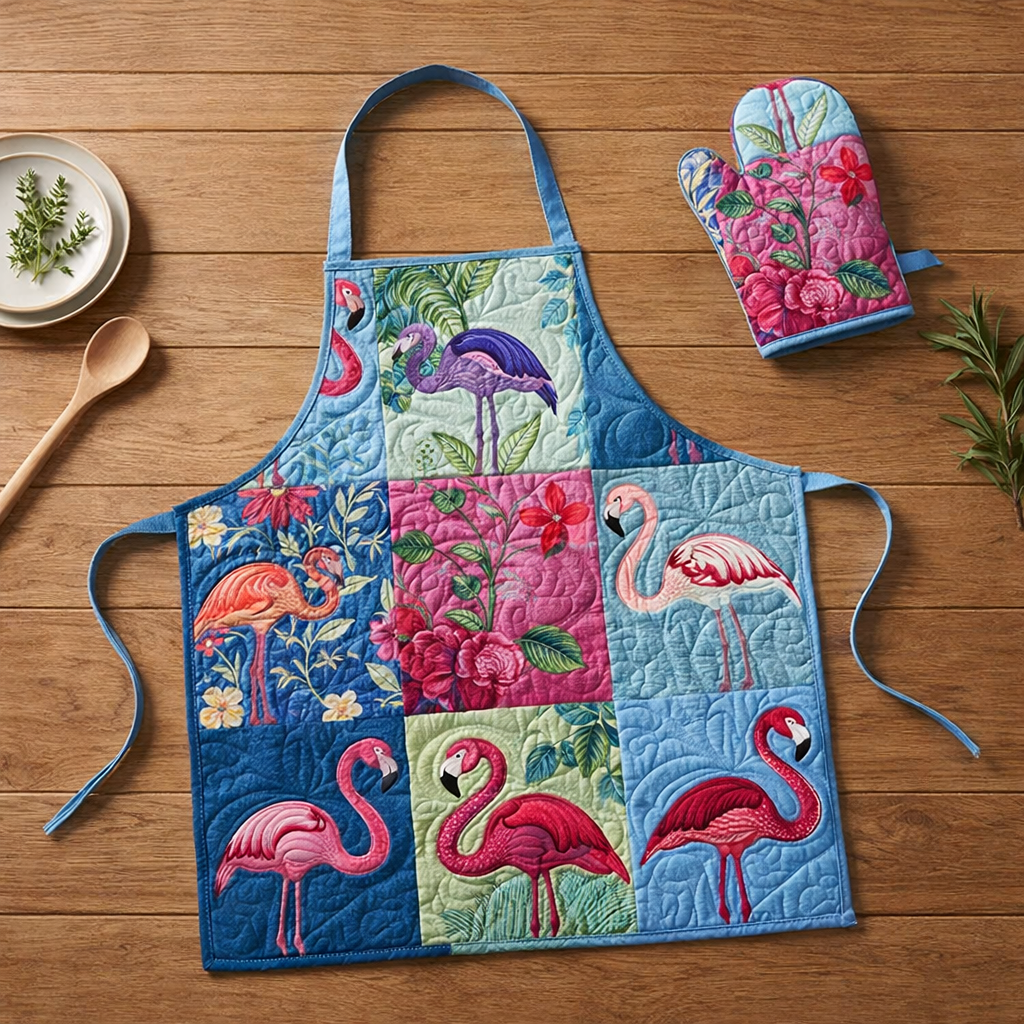 Flamingo Quilted Apron Set (2-Piece) – Padded Apron + Heat-Resistant Oven Mitts