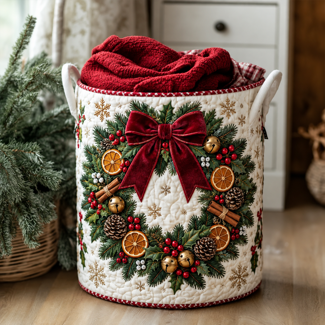 Festive Wreath & Red Bow Quilted Laundry Basket
