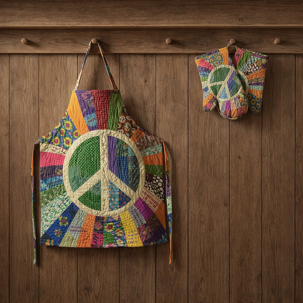 Hippie Peace Quilted Apron Set (2-Piece) – Padded Apron + Heat-Resistant Oven Mitts