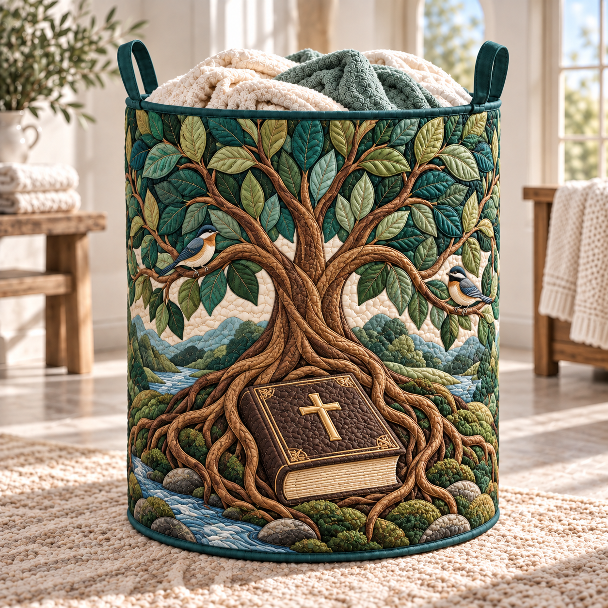 Deer by the River Bible Scene Quilted Laundry Basket