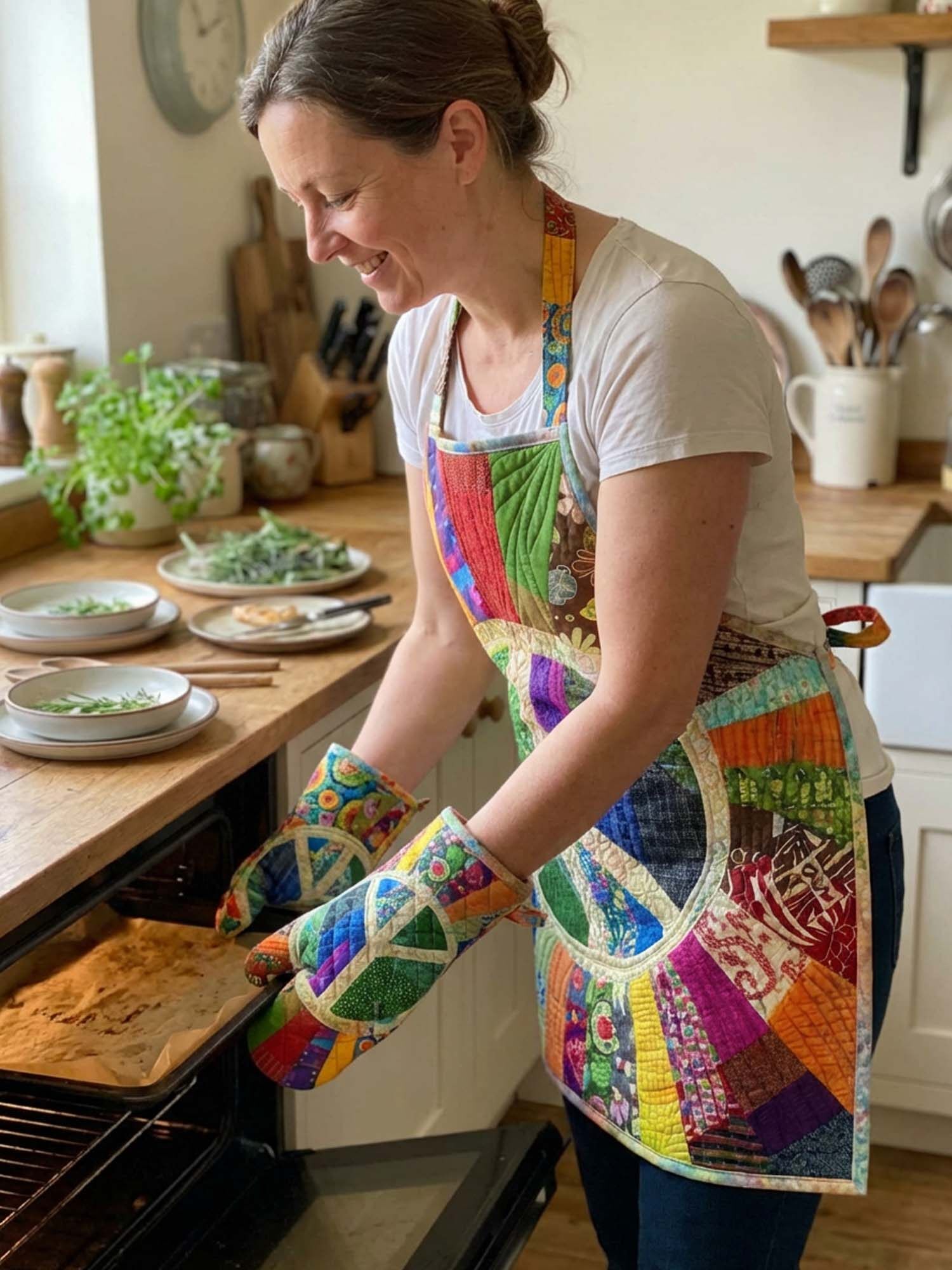 Hippie Peace Quilted Apron Set (2-Piece) – Padded Apron + Heat-Resistant Oven Mitts