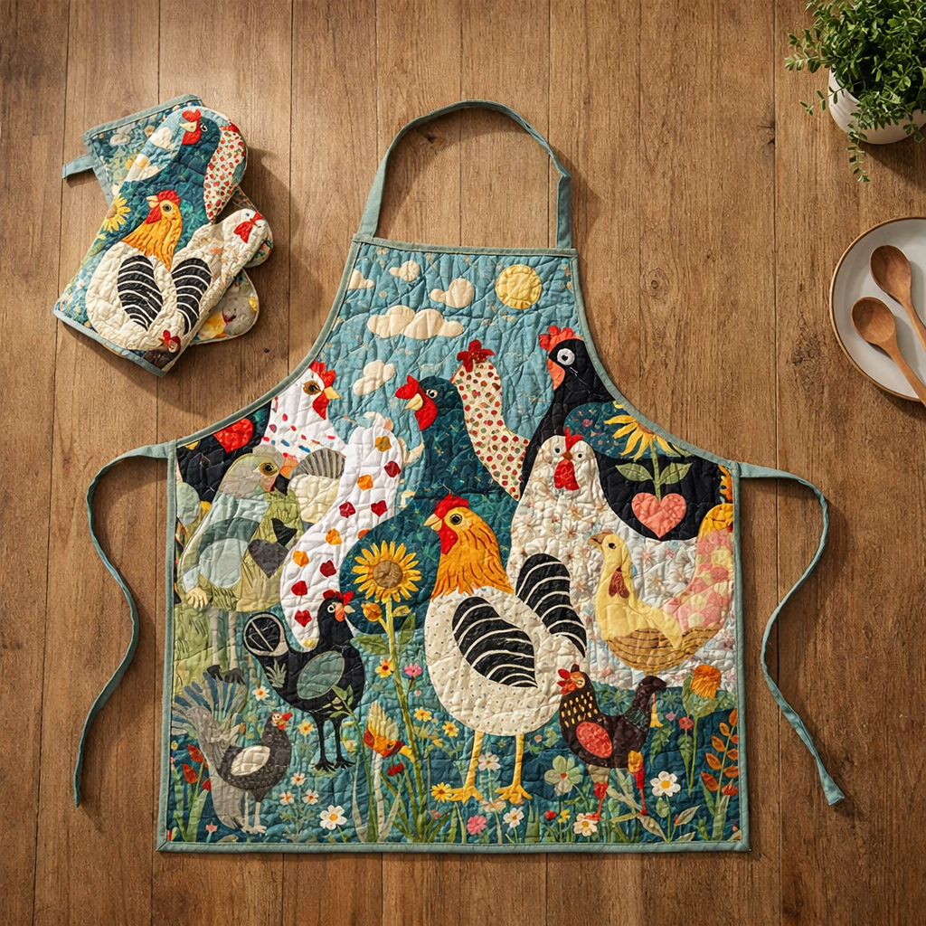 Funny Chicken Quilted Apron Set (2-Piece) – Padded Apron + Heat-Resistant Oven Mitts
