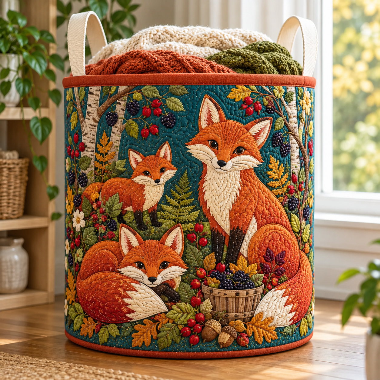 Woodland Fox Family Quilted Laundry Basket