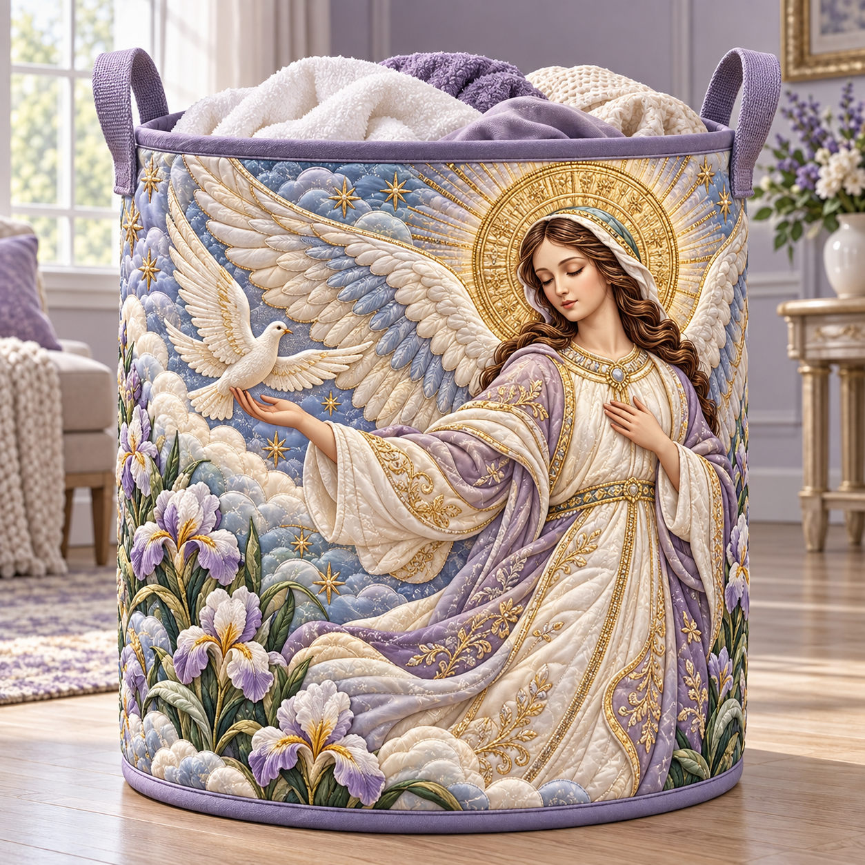Guardian Angel Dove Quilted Laundry Basket