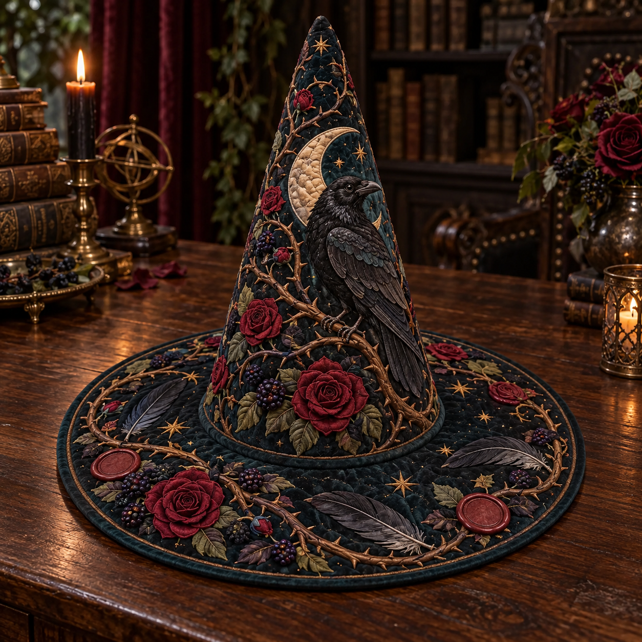 Midnight Raven and Crimson Roses Quilted Witch Hat