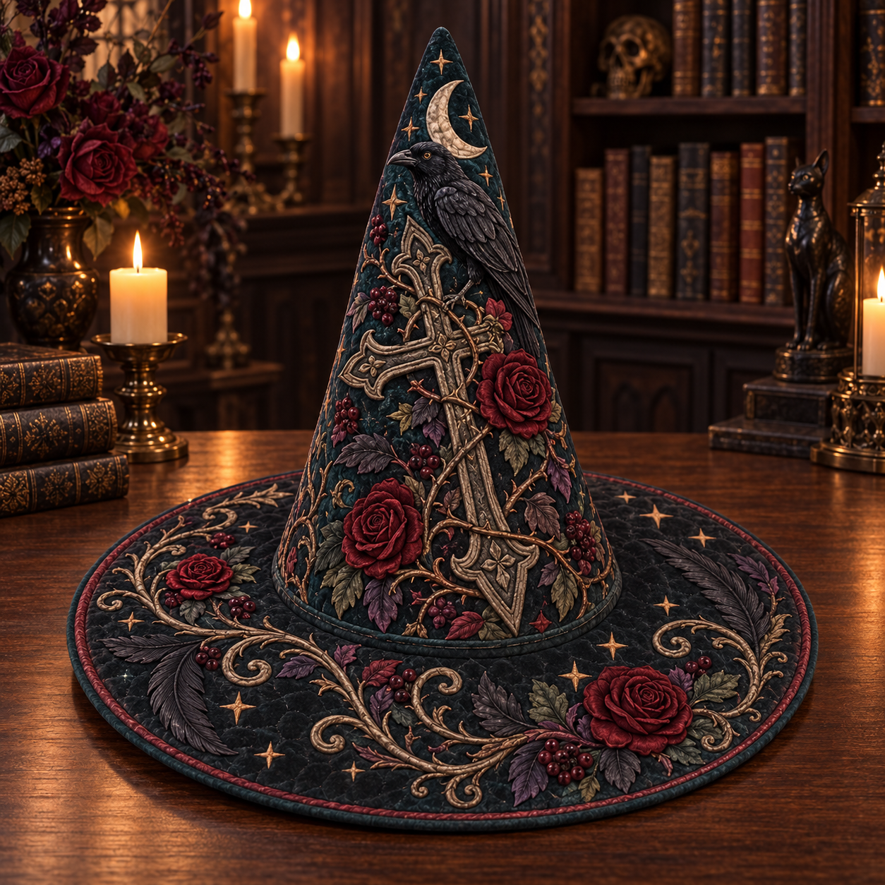 Vintage Rose Cross Quilted Witch Hat