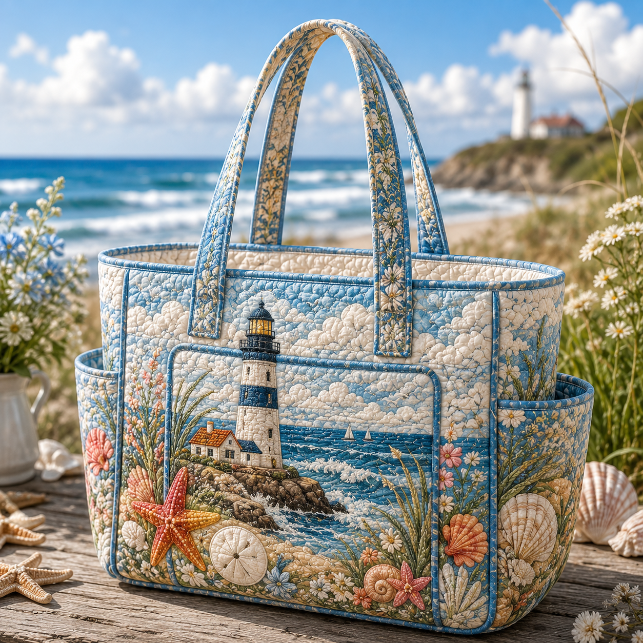 Coastal Lighthouse Seashell Multiple Pockets Quilted Tote Bag