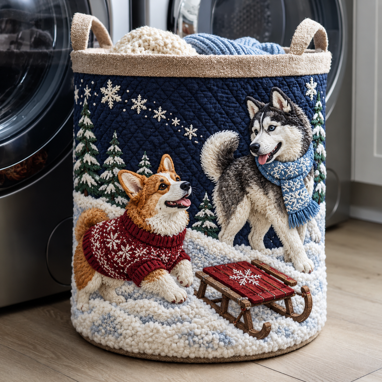 Winter Sled Dog Adventure Quilted Laundry Basket