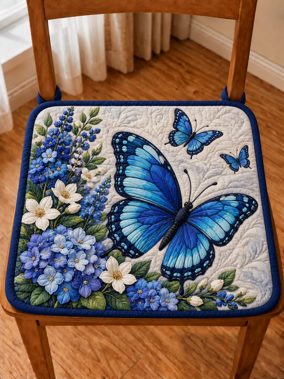 Blue Butterfly Hydrangea Garden Quilted Chair Cushion