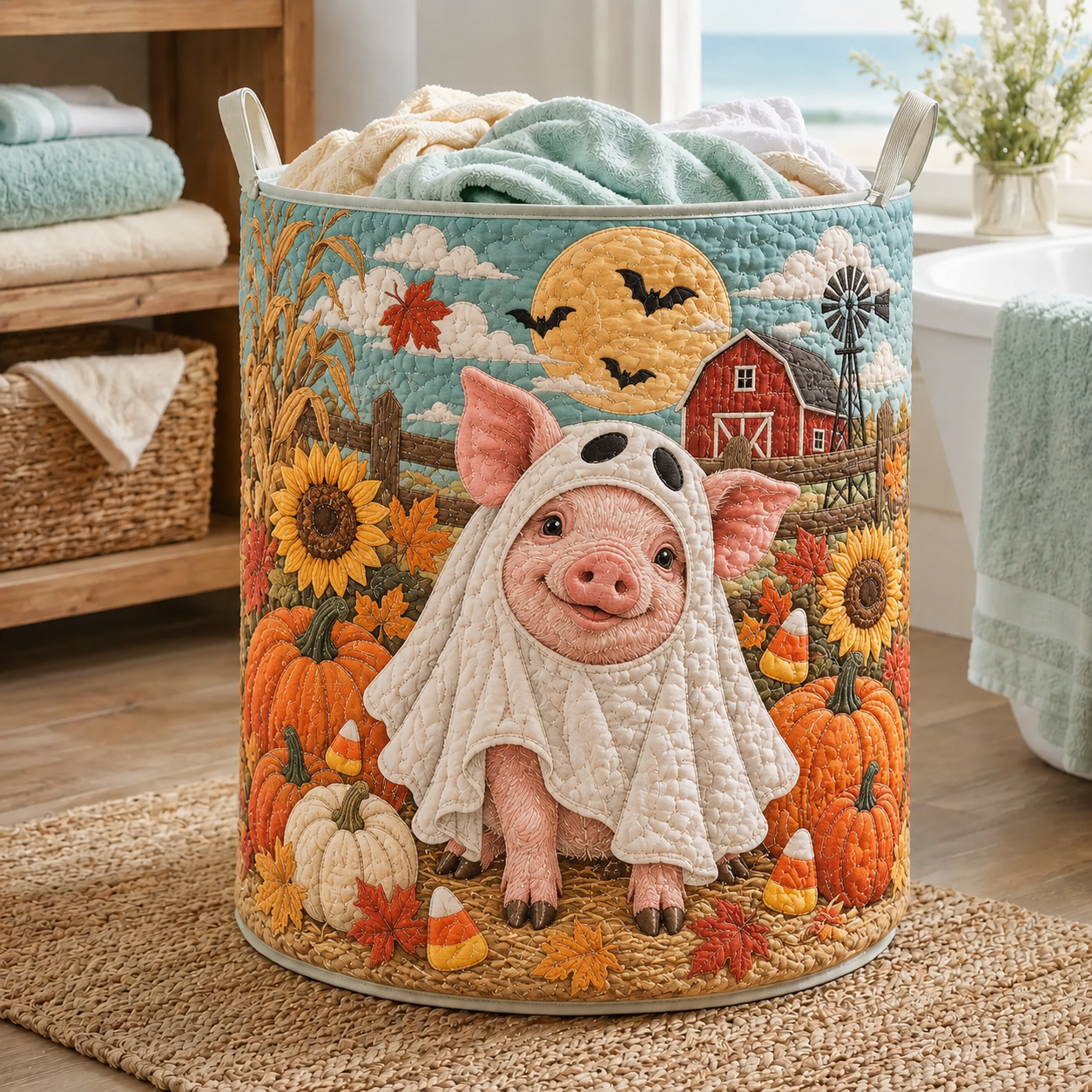 Piglet Ghost Costume Harvest Quilted Laundry Basket