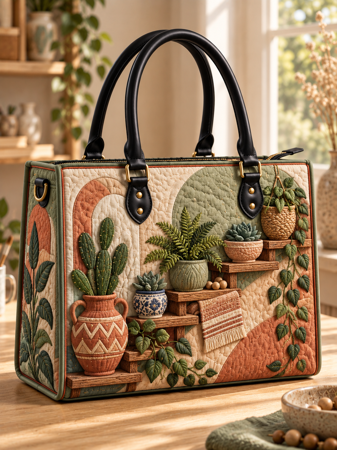 Desert Cactus Shelf Quilted Leather Strap Bible Handbag