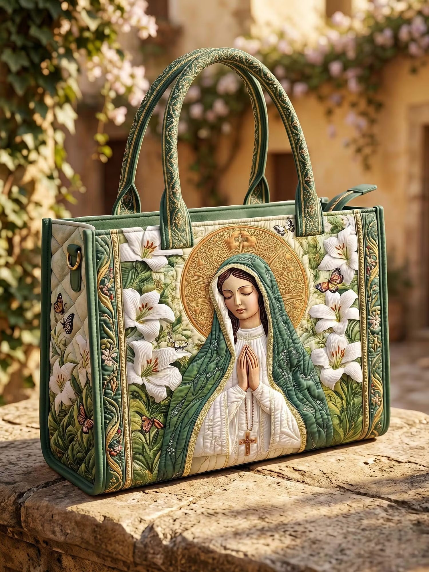 Prayer To The Virgin Mary Quilted Leather Strap Bible Handbag