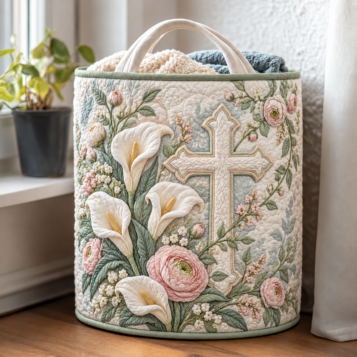 White Lily & Rose Cross Quilted Laundry Basket