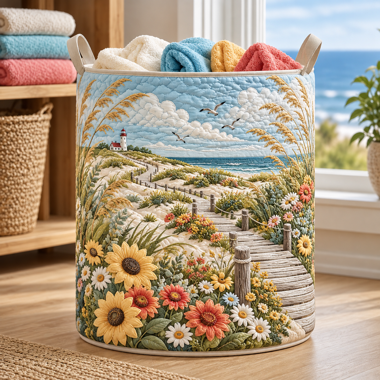 Sunflower Beach Boardwalk Quilted Laundry Basket