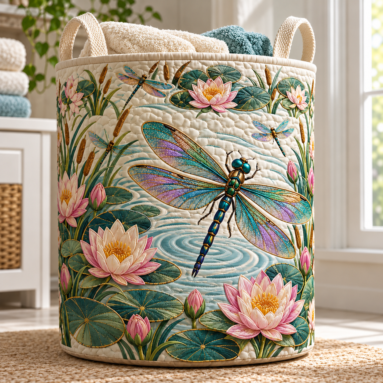 Dragonfly Lotus Pond Quilted Laundry Basket