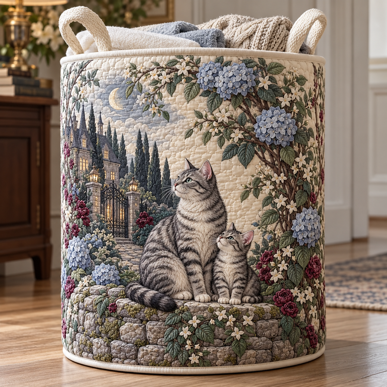 Tabby Cat Mountain Garden Quilted Laundry Basket