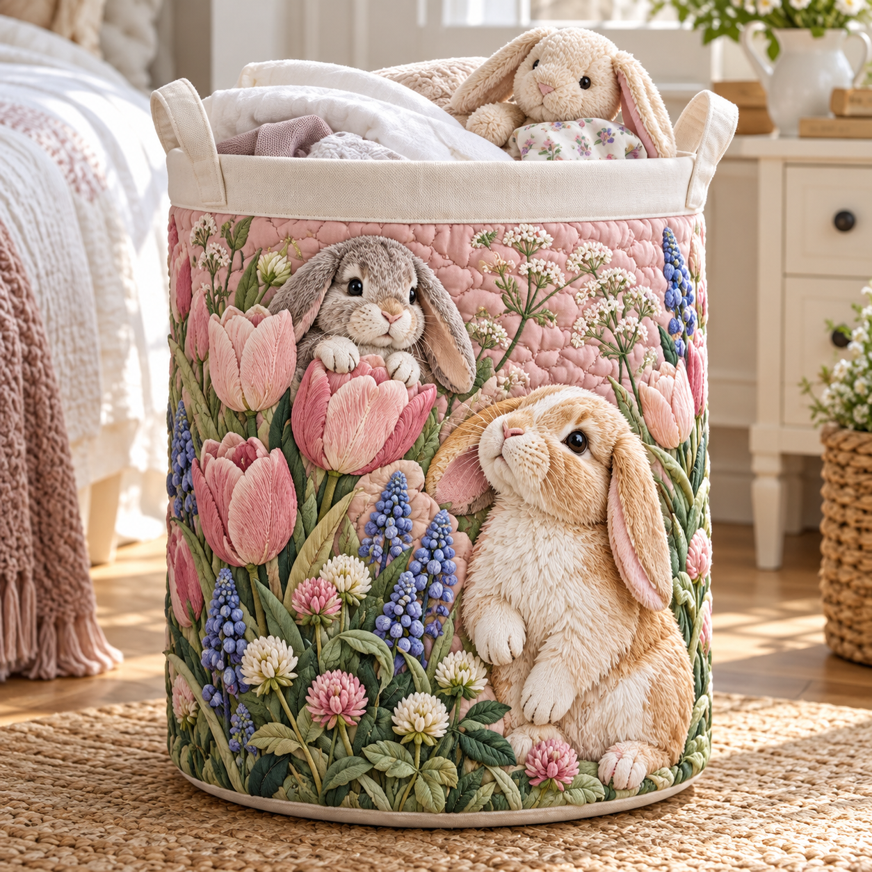 Bunny Tulip Spring Garden Quilted Laundry Basket