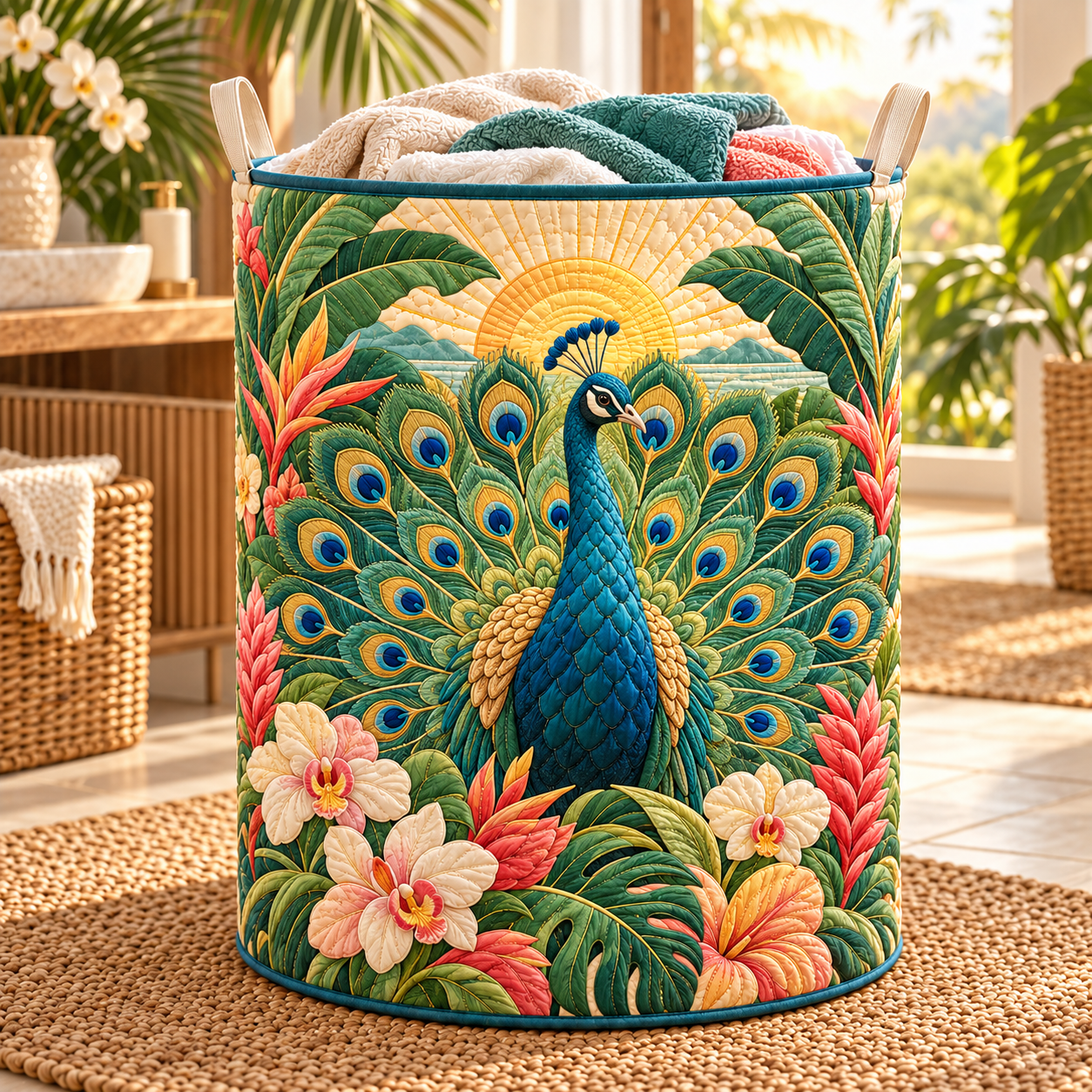Peacock Tropical Paradise Quilted Laundry Basket