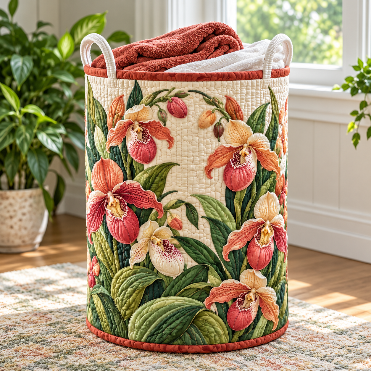 Coral Paphiopedilum Orchid Garden Quilted Laundry Basket