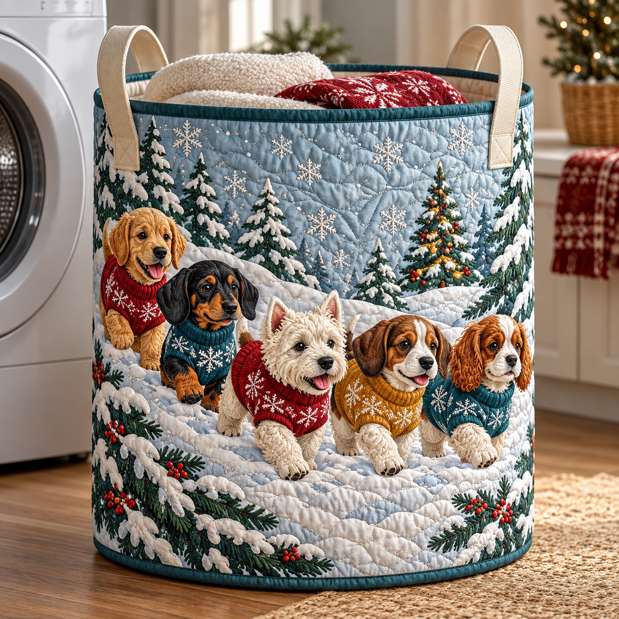 Snowy Winter Dogs Quilted Laundry Basket