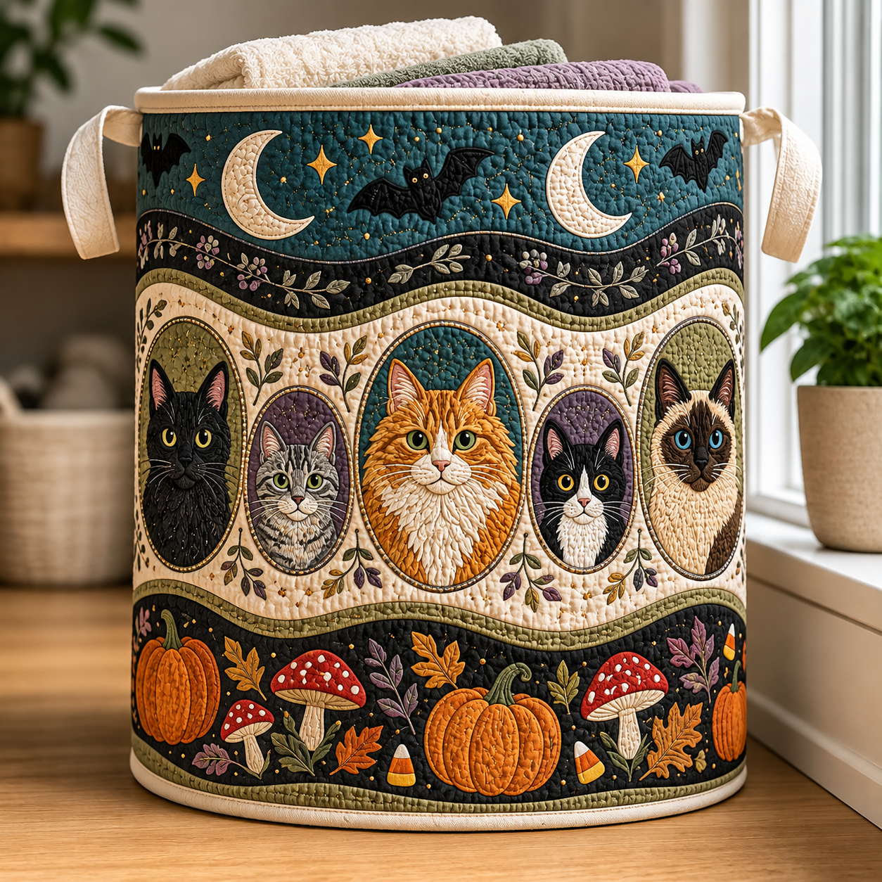 Moonlit Cat Portrait Quilted Laundry Basket