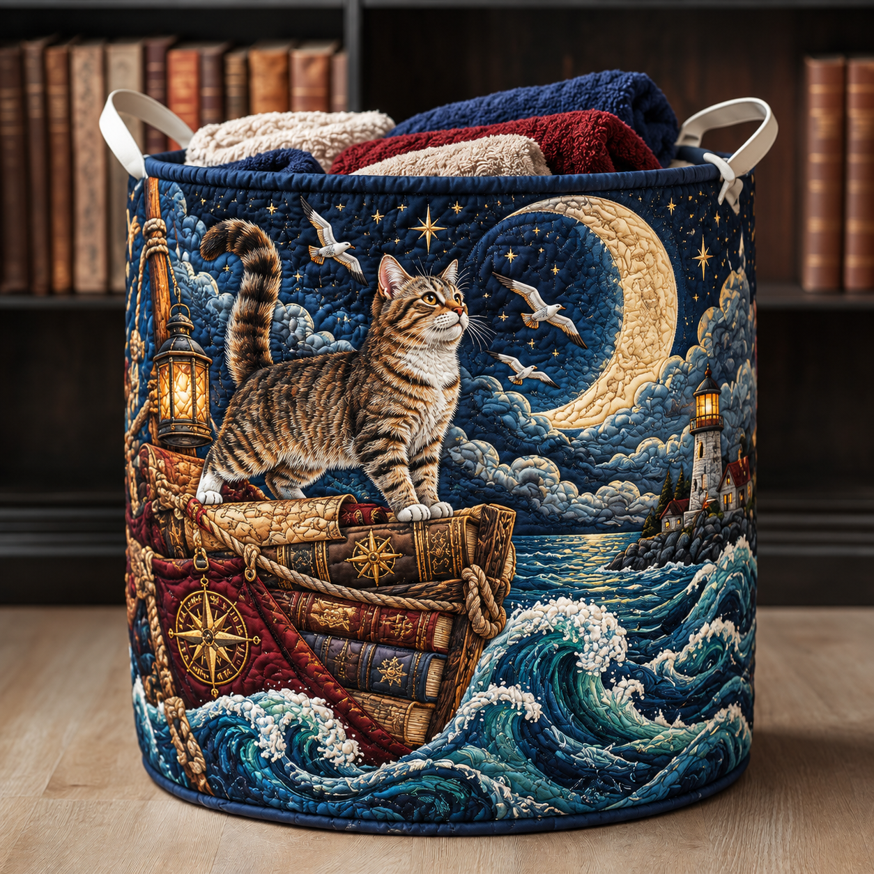 Moonlit Sailing Cat Quilted Laundry Basket