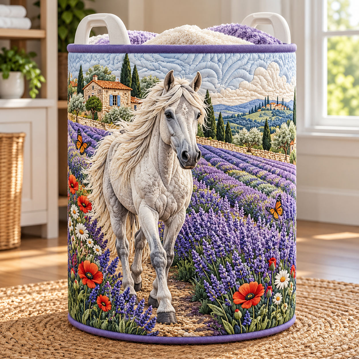 White Horse Lavender Field Quilted Laundry Basket