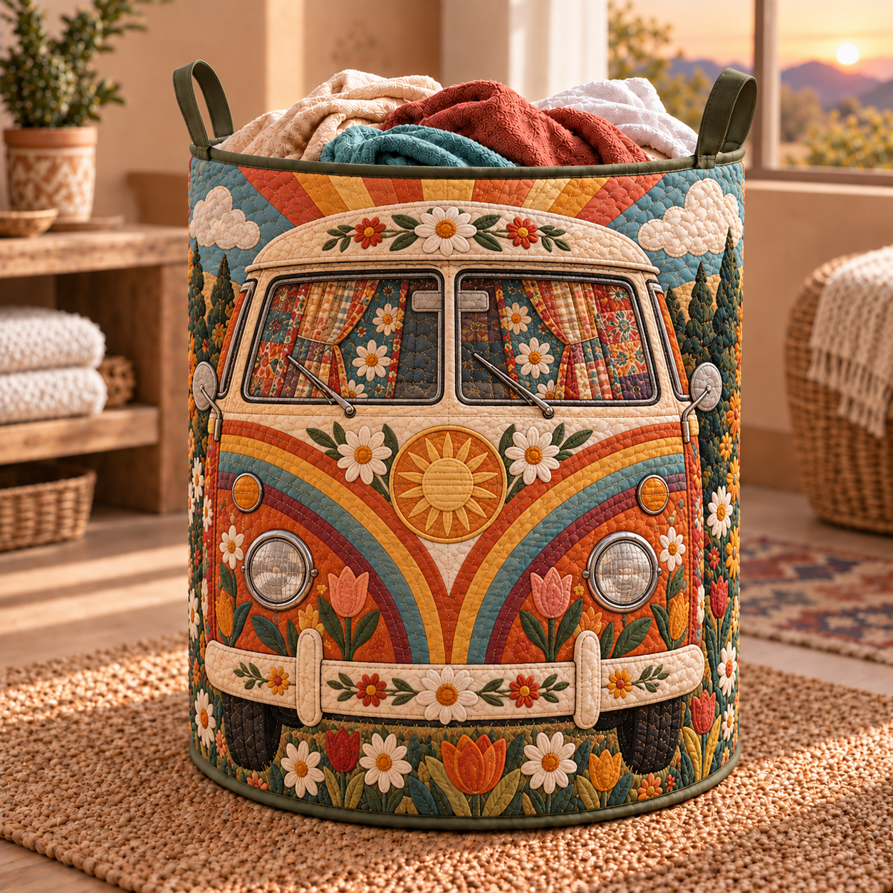 Sunflower Sunset Hippie Van Quilted Laundry Basket