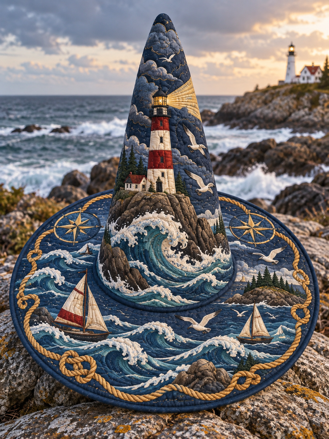 Lighthouse Stormy Sea Quilted Witch Hat