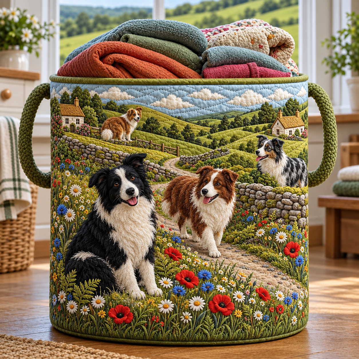 Border Collie Countryside Meadow Quilted Laundry Basket
