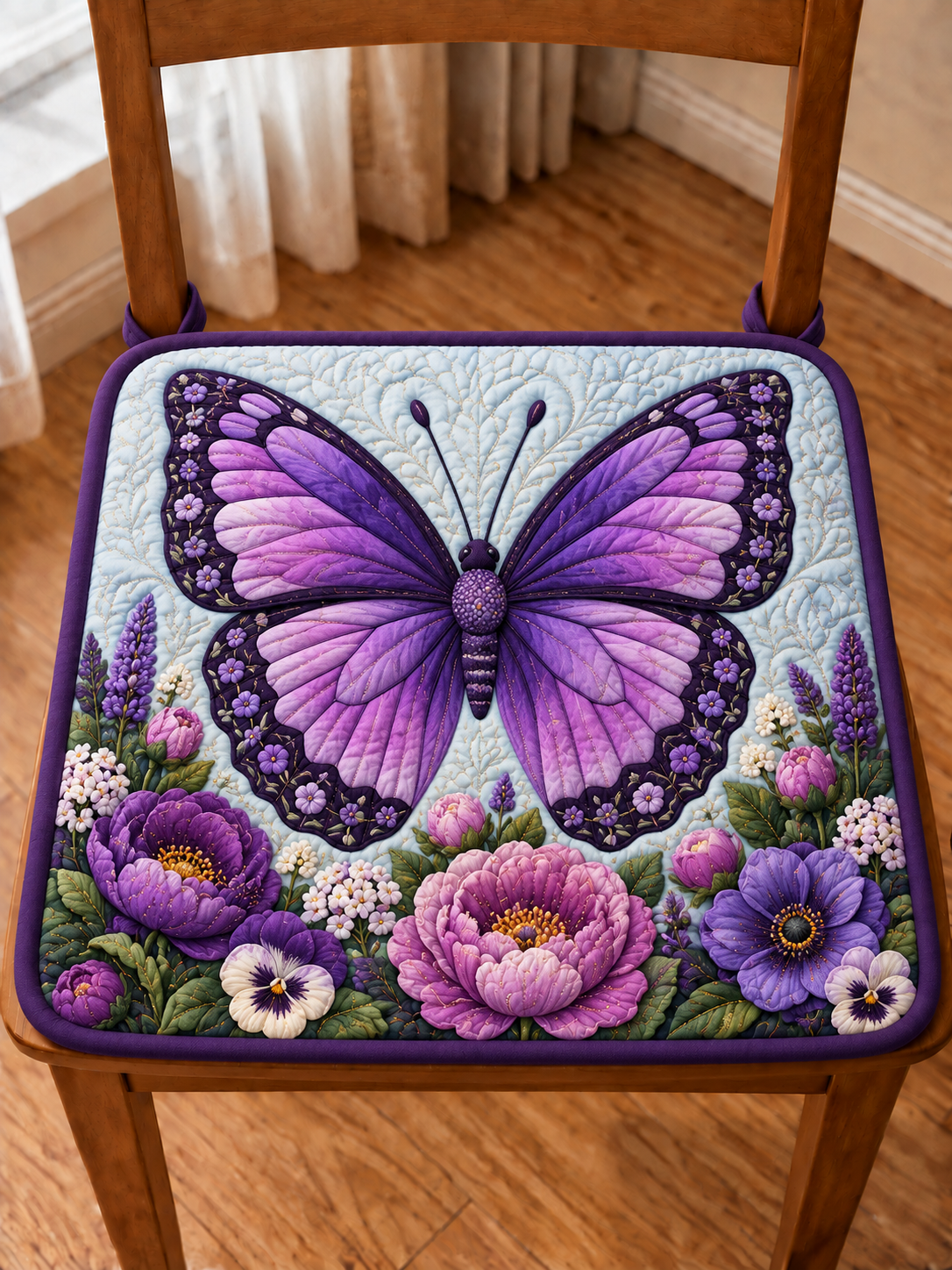 Purple Butterfly Blossom Quilted Chair Cushion