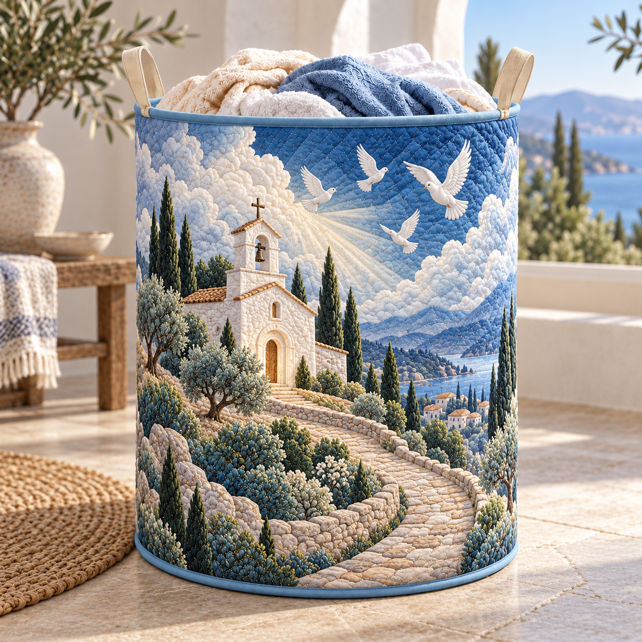Country Church & Doves Quilted Laundry Basket