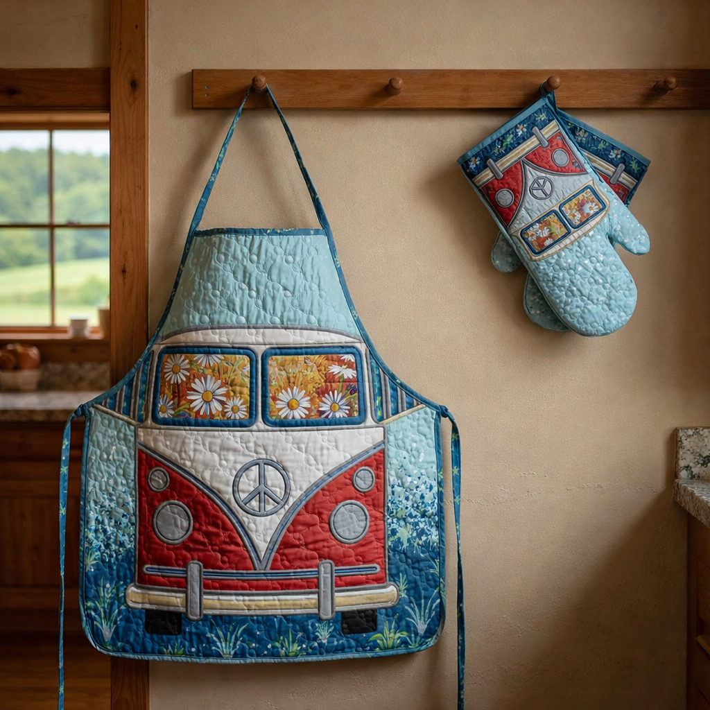 Hippie Van Quilted Apron Set (2-Piece) – Padded Apron + Heat-Resistant Oven Mitts