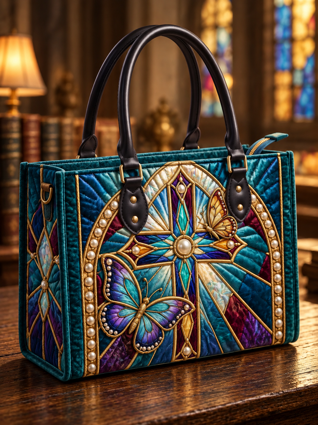 Stained Glass Butterfly Cross Quilted Leather Strap Bible Handbag