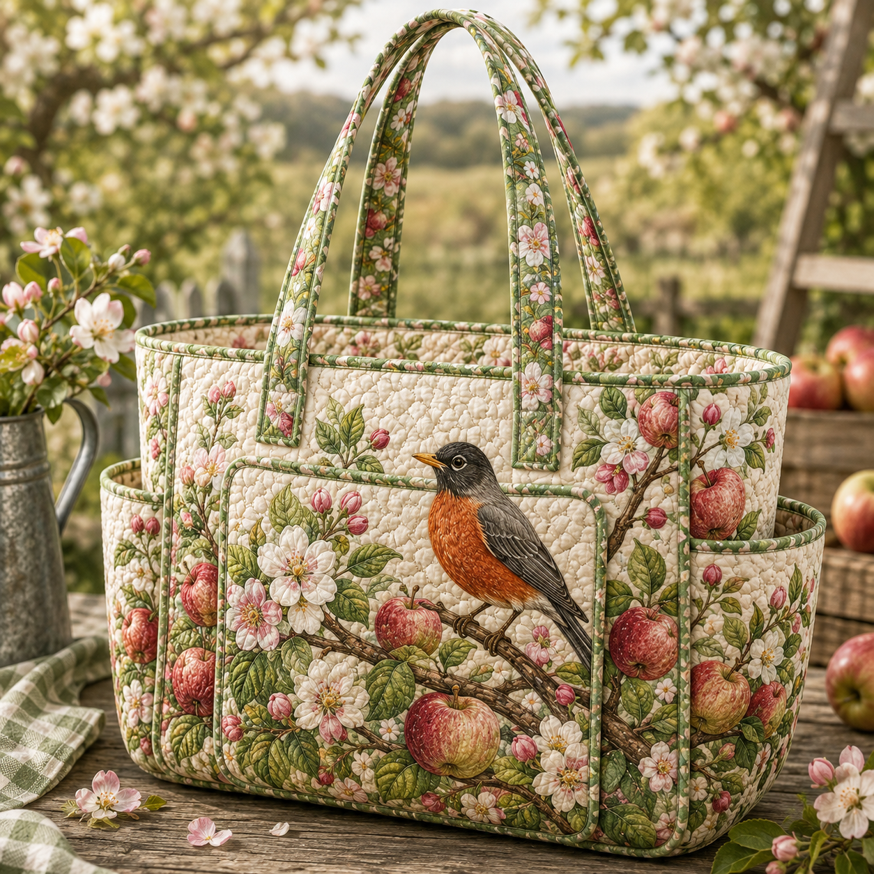 Robin Apple Blossom Garden Multiple Pockets Quilted Tote Bag