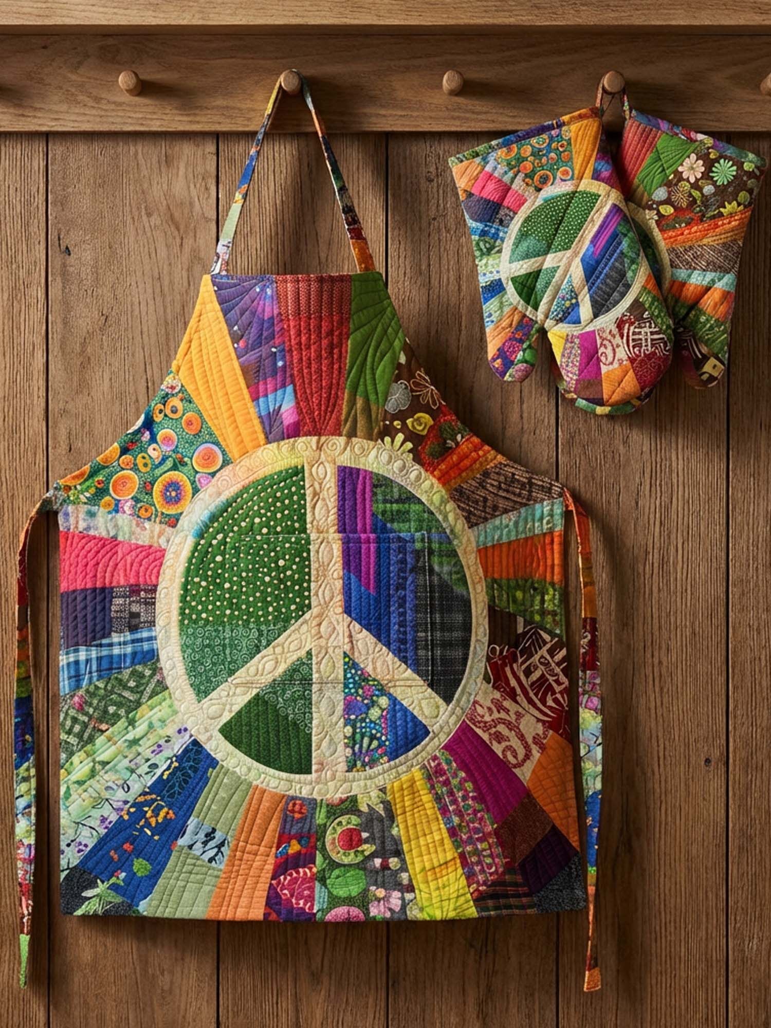Hippie Peace Quilted Apron Set (2-Piece) – Padded Apron + Heat-Resistant Oven Mitts