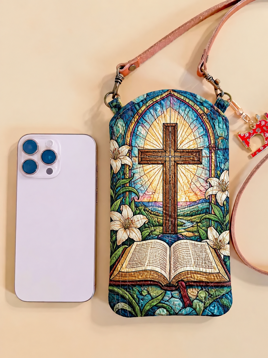 Stained Glass Cross & Bible Quilted Slim Phone Crossbody Bag