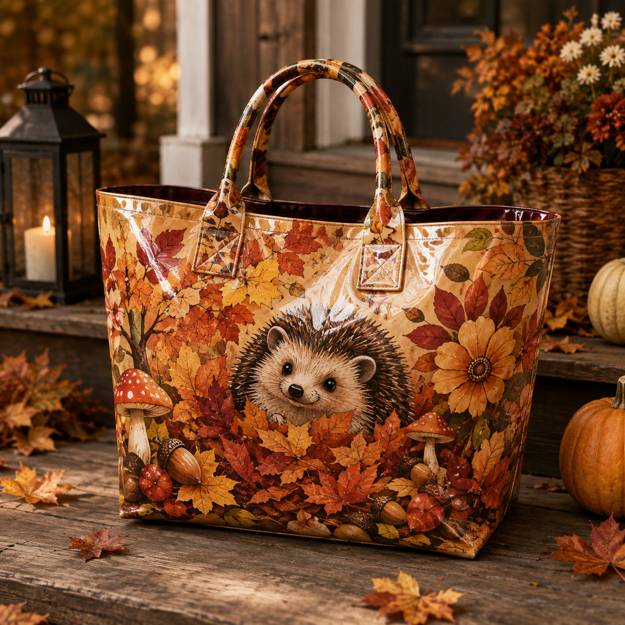 Hedgehog Fall Leaves PVC Tote Bag