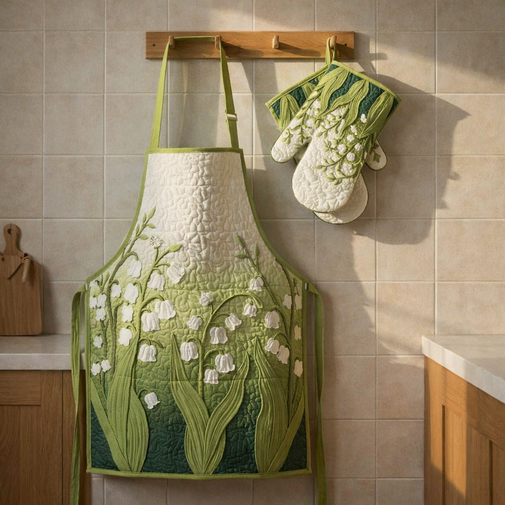 Lily Of The Valley Quilted Apron Set (2-Piece) – Padded Apron + Heat-Resistant Oven Mitts