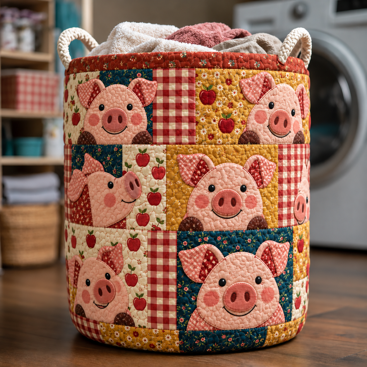Piglet Patchwork Farm Quilted Laundry Basket