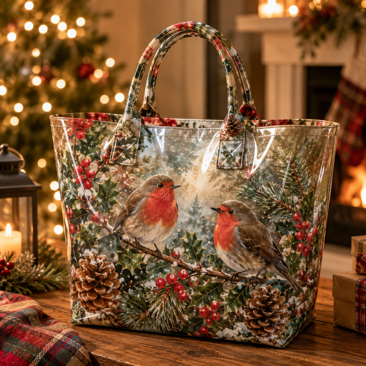 Robin Holly Berry Christmas PVC Tote Bag