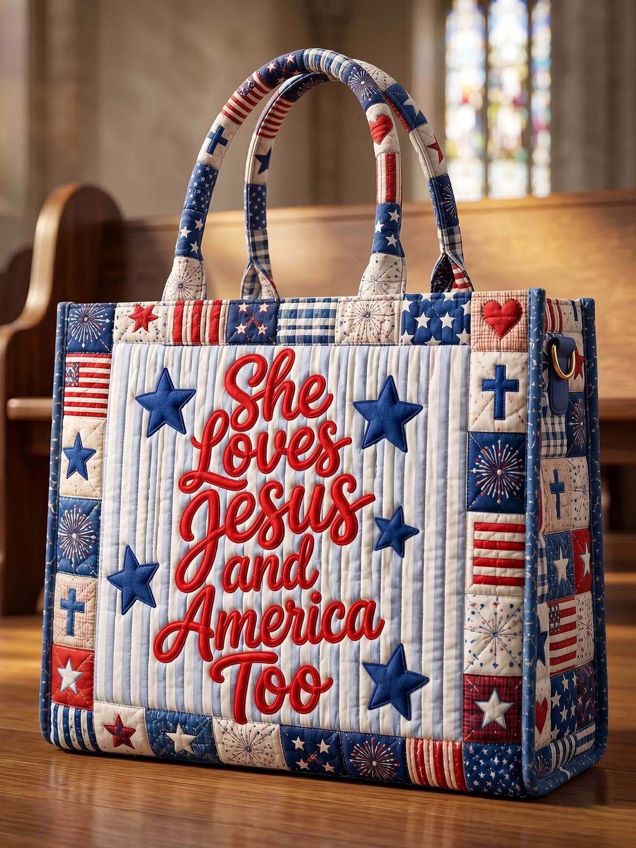 She Loves Jesus And America Too Quilted Leather Strap Bible Handbag