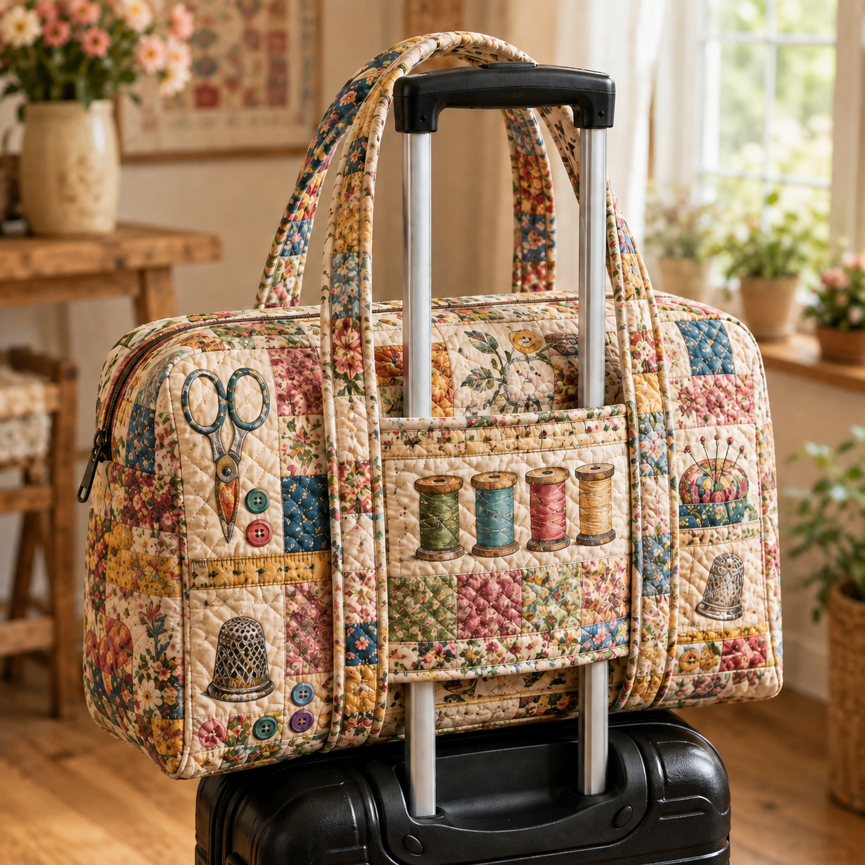 Vintage Sewing Patchwork Quilted Weekender Bag With Trolley Sleeve