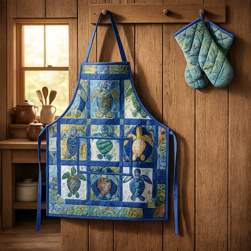 Sea Turtle Quilted Apron Set (2-Piece) – Padded Apron + Heat-Resistant Oven Mitts