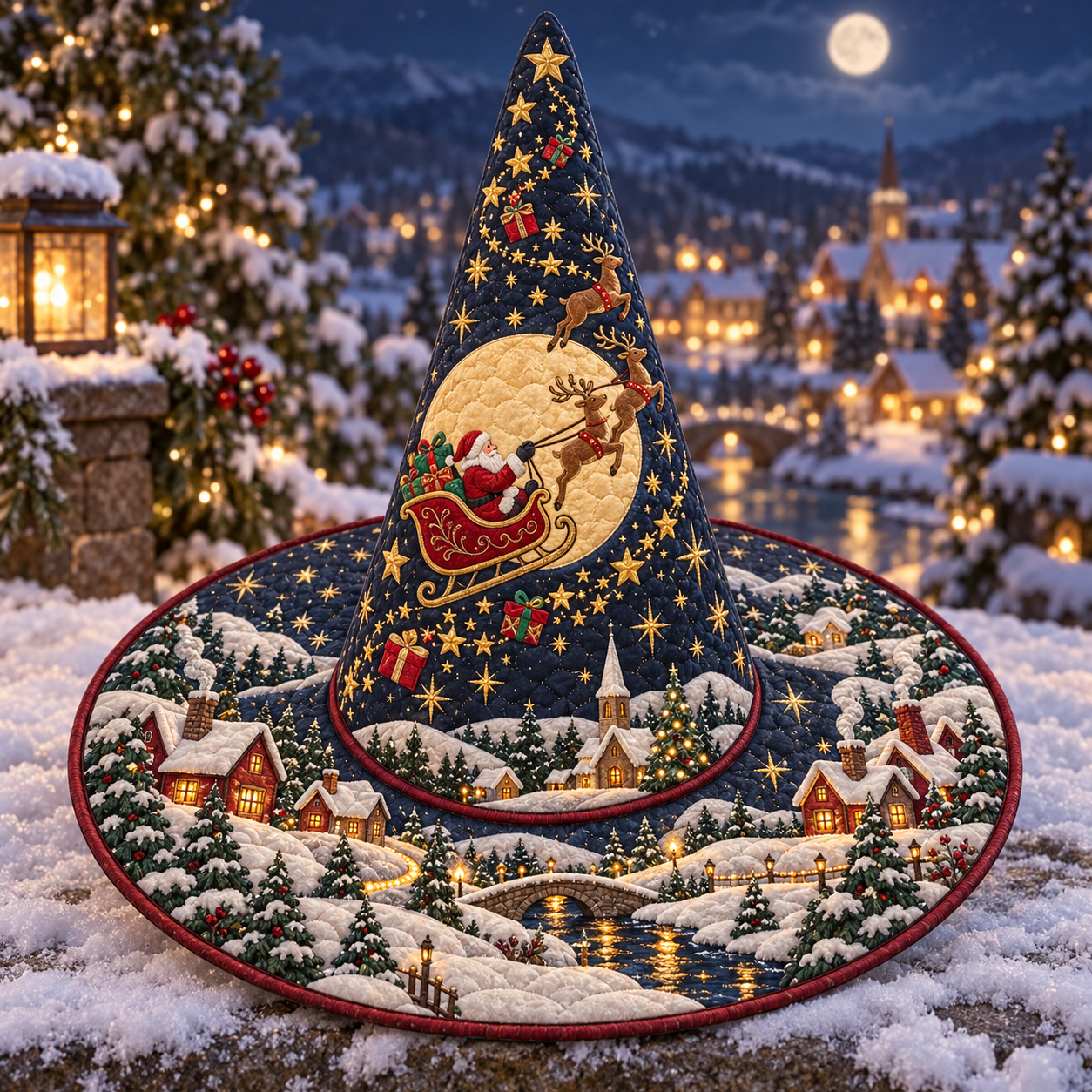 Santa Sleigh Winter Village Quilted Witch Hat