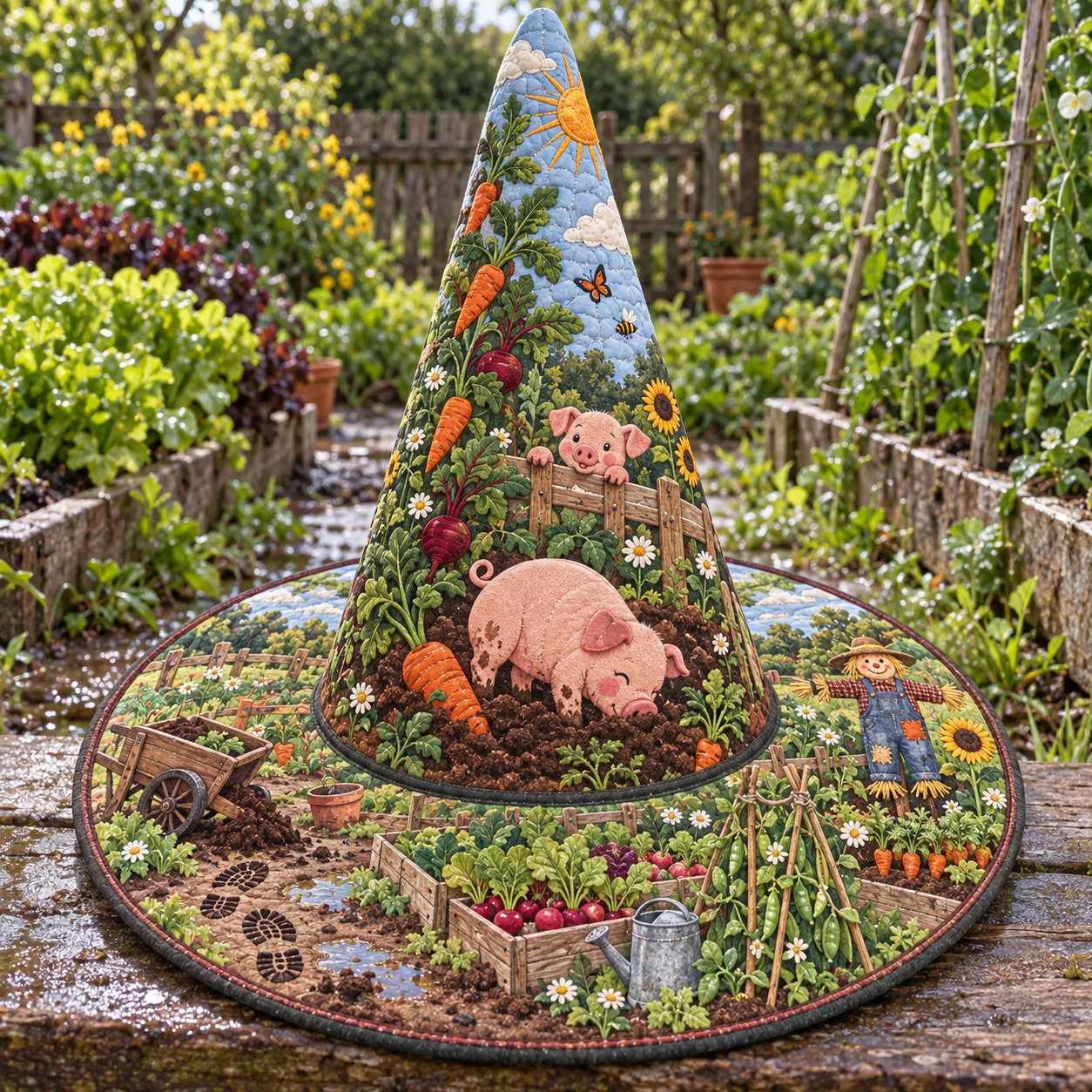 Pig in the Vegetable Garden Quilted Witch Hat