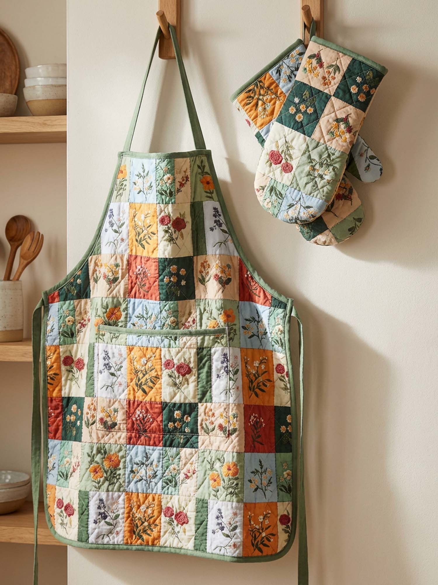 Flower Quilted Apron Set (2-Piece) – Padded Apron + Heat-Resistant Oven Mitts
