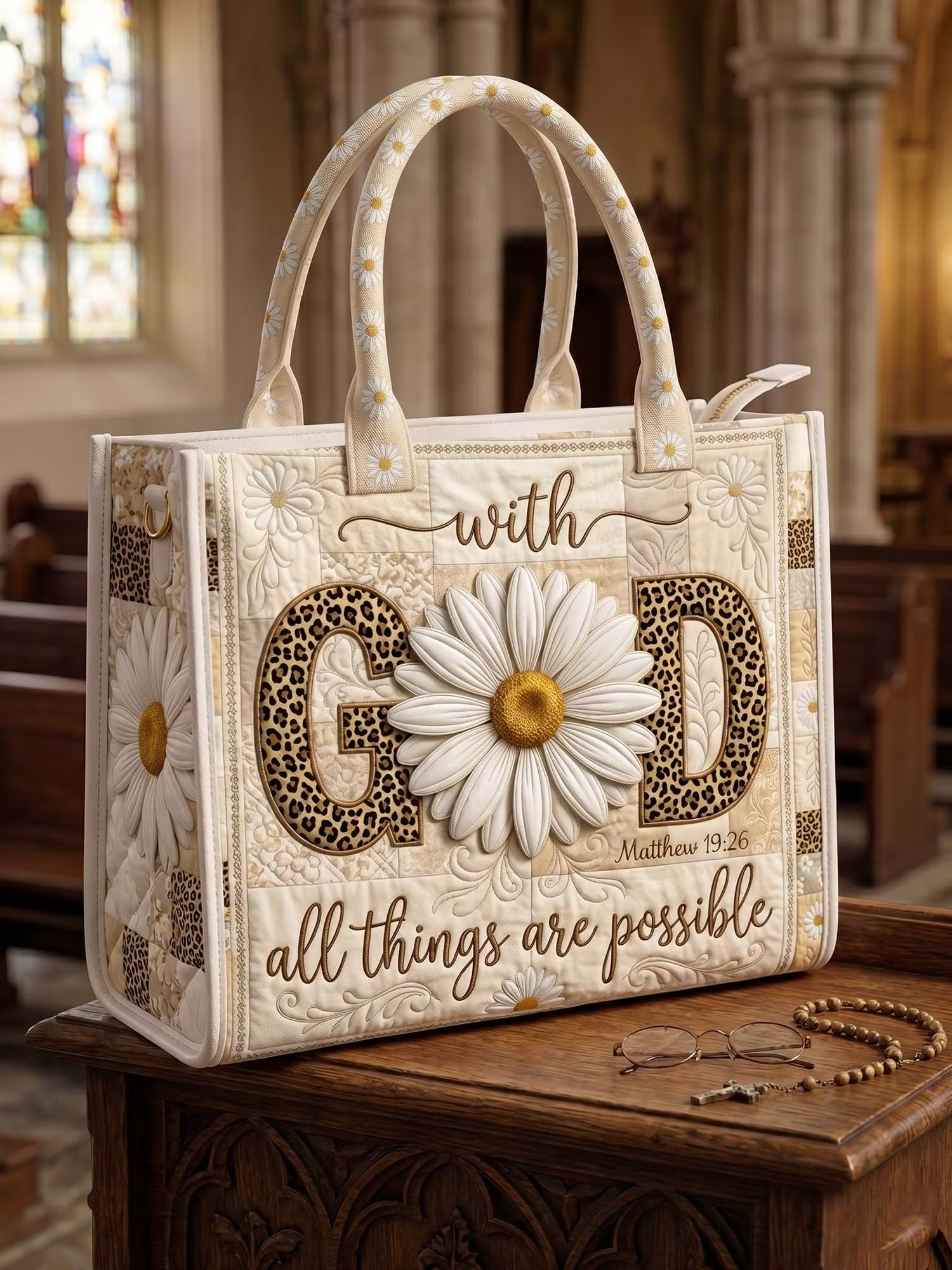 Matthew 19:26 With God All Things Are Possible Quilted Leather Strap Bible Handbag