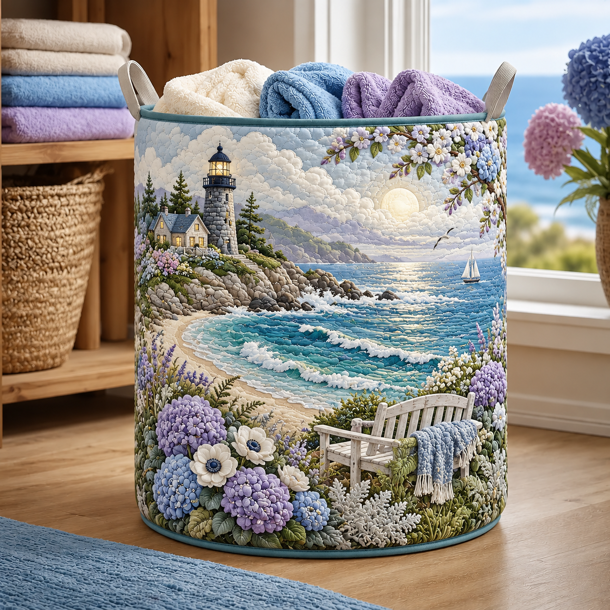 Hydrangea Lighthouse Cove Quilted Laundry Basket